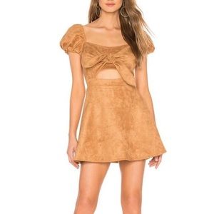 Revolve Majorelle Camel Brown Suede Mini Short Puff Sleeve Dress